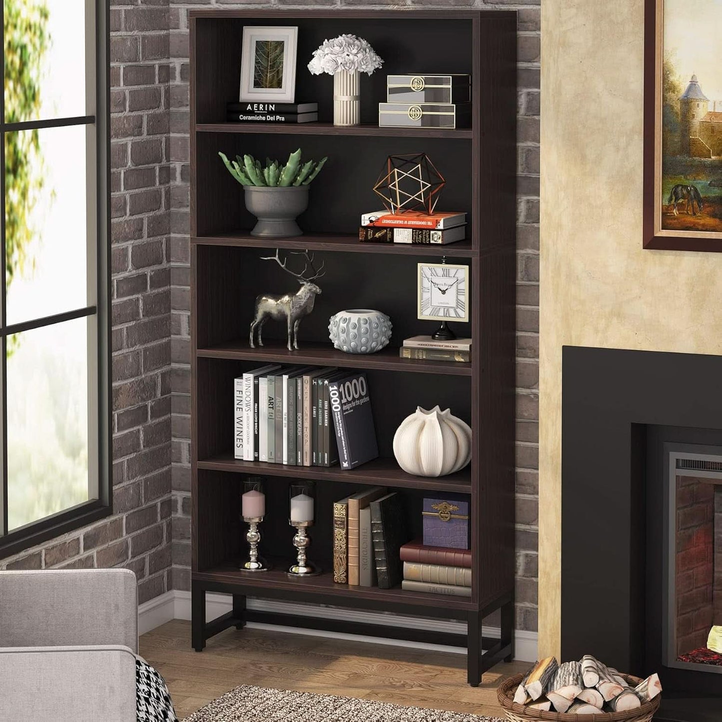 Tall Bookcase And Bookshelf 70.8 Inch Sandalwood Shelving