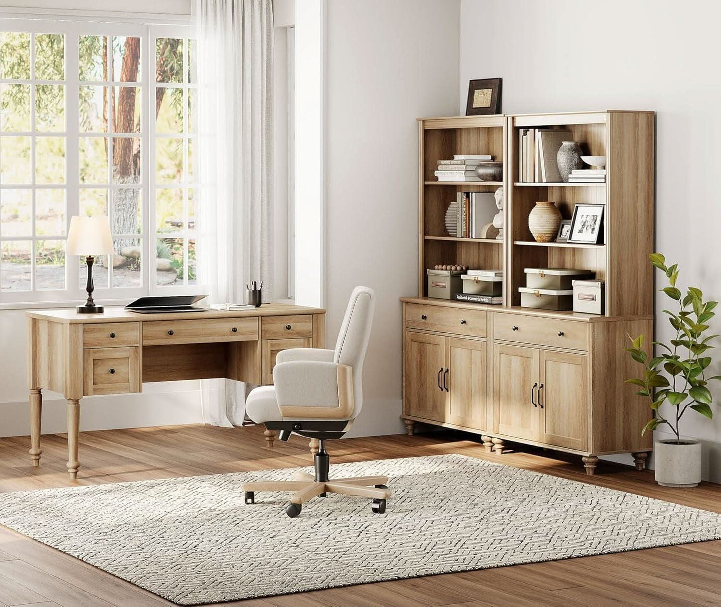 Oak 56 Inch Distressed Contemporary Workstation Desk