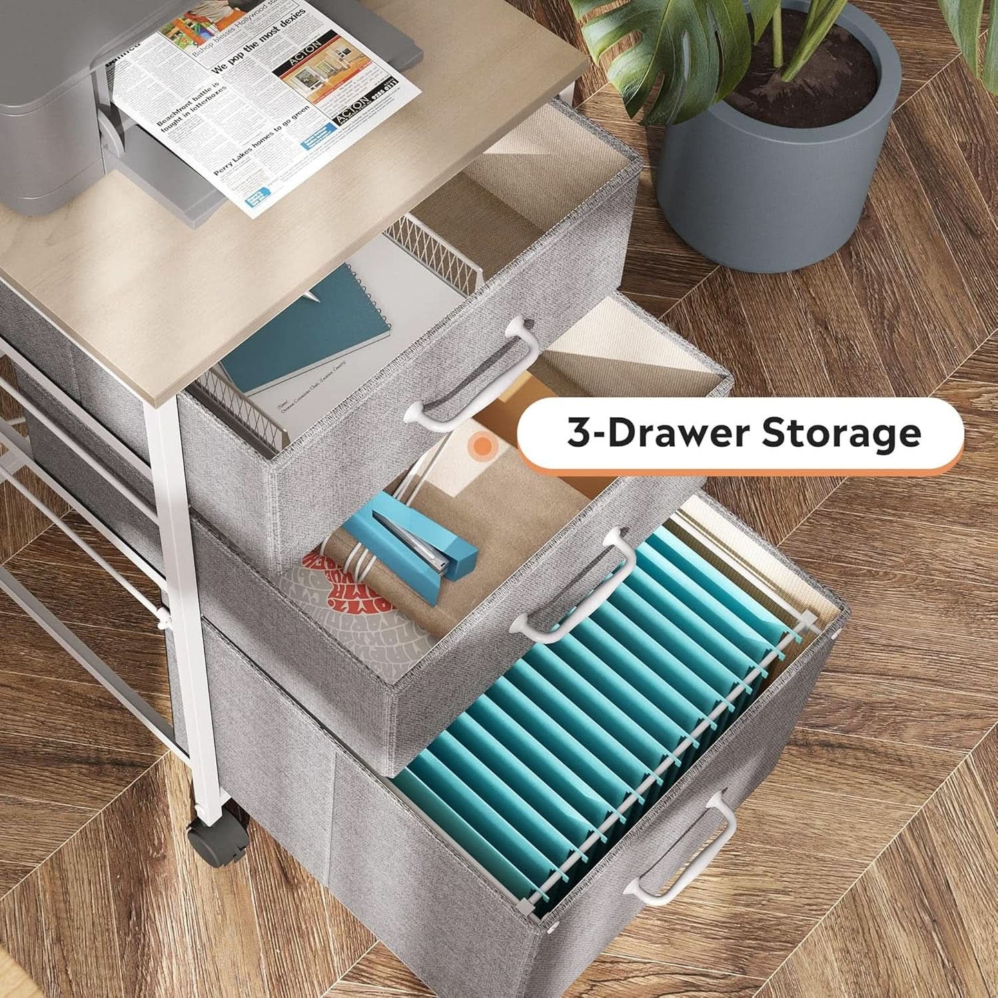 Mobile File Cabinet With 3 Drawers Rolling Printer Stand Light Grey