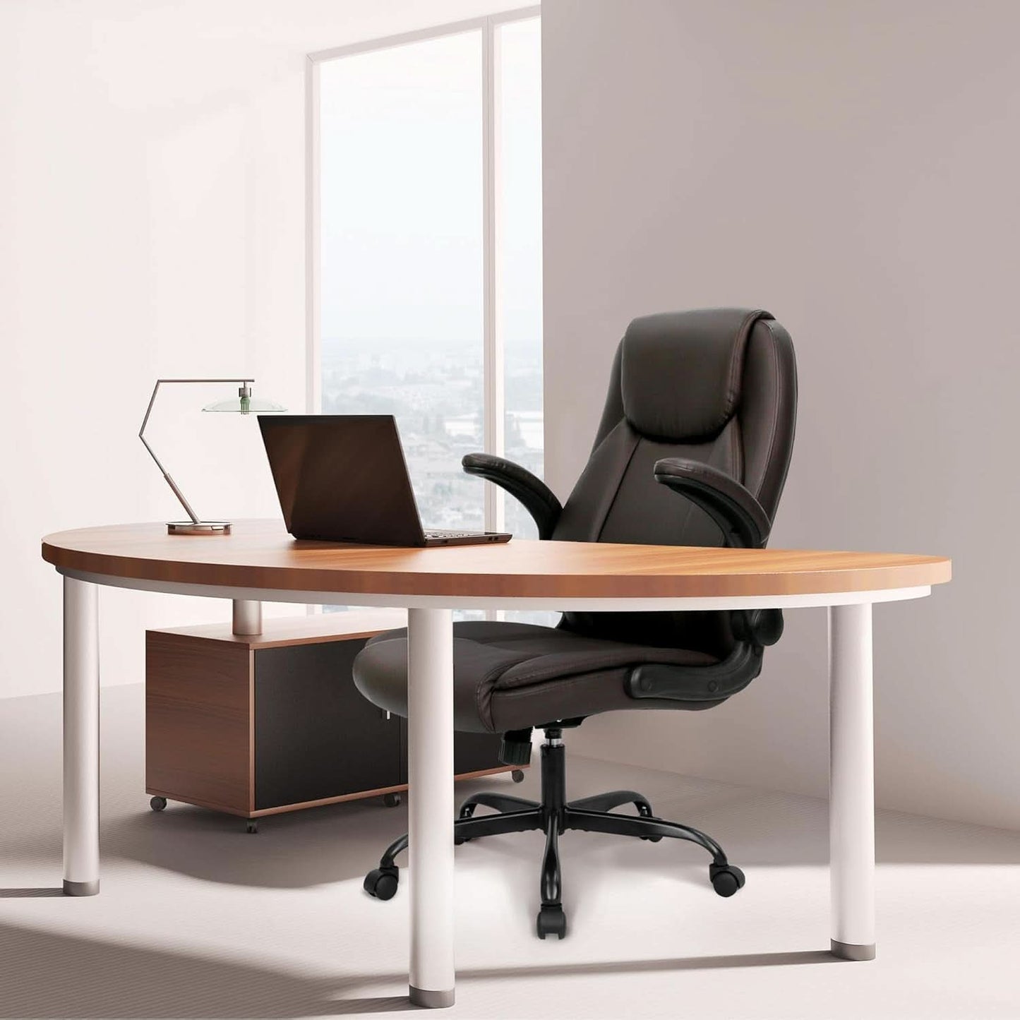 Brown PU Leather Office Chair With Adjustable Height