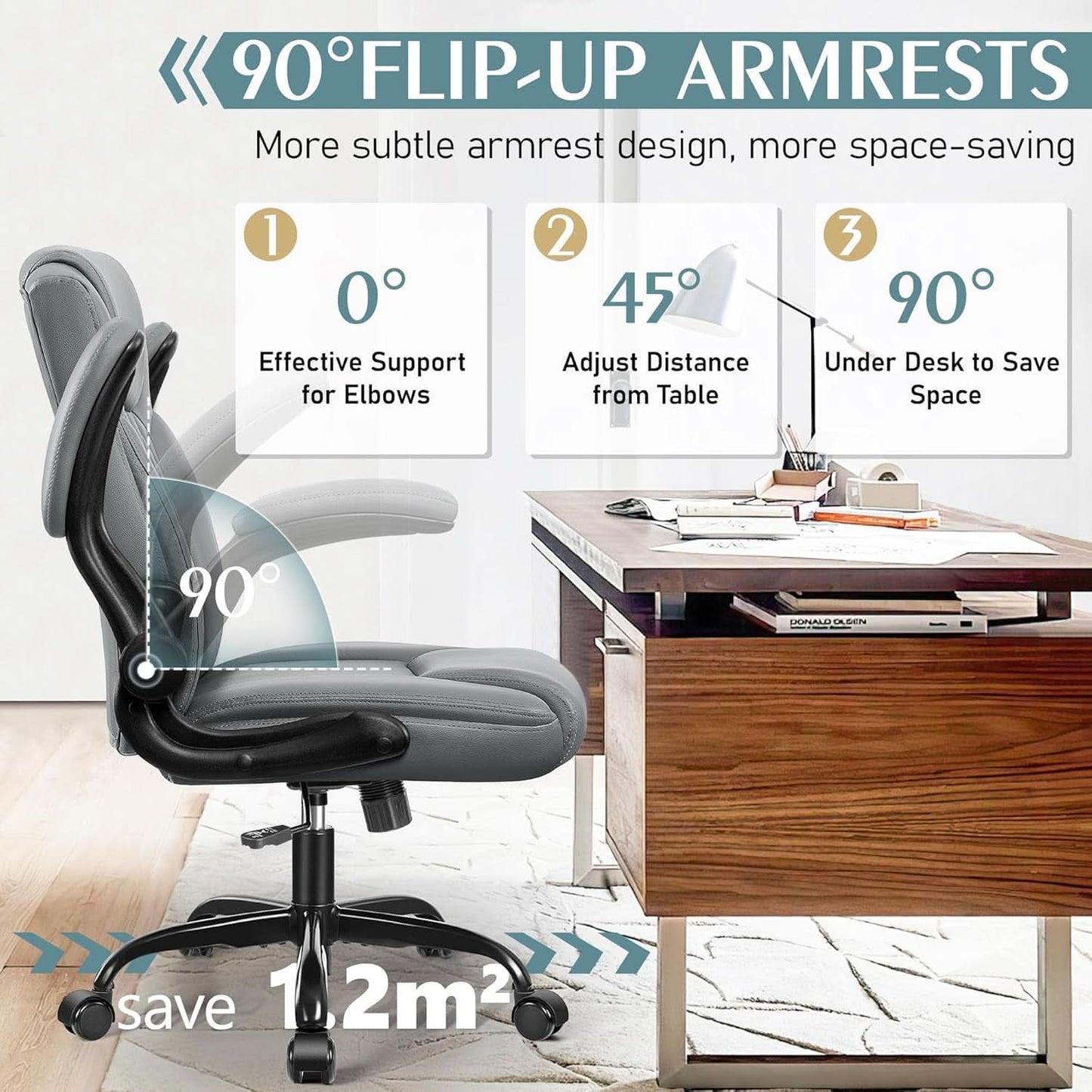 Gray PU Leather Office Chair With Ergonomic Back Support