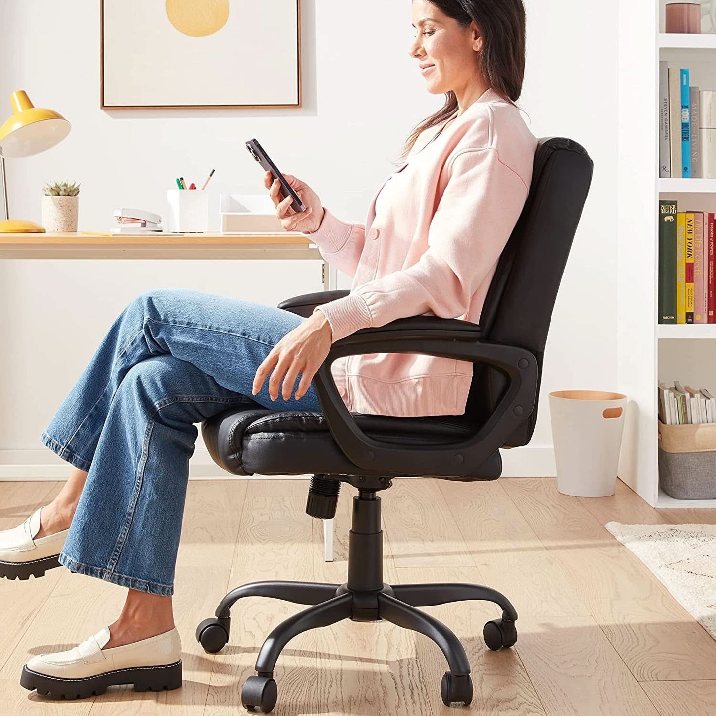 Black PU Mid-Back Office Chair Height Adjustable Ergonomic