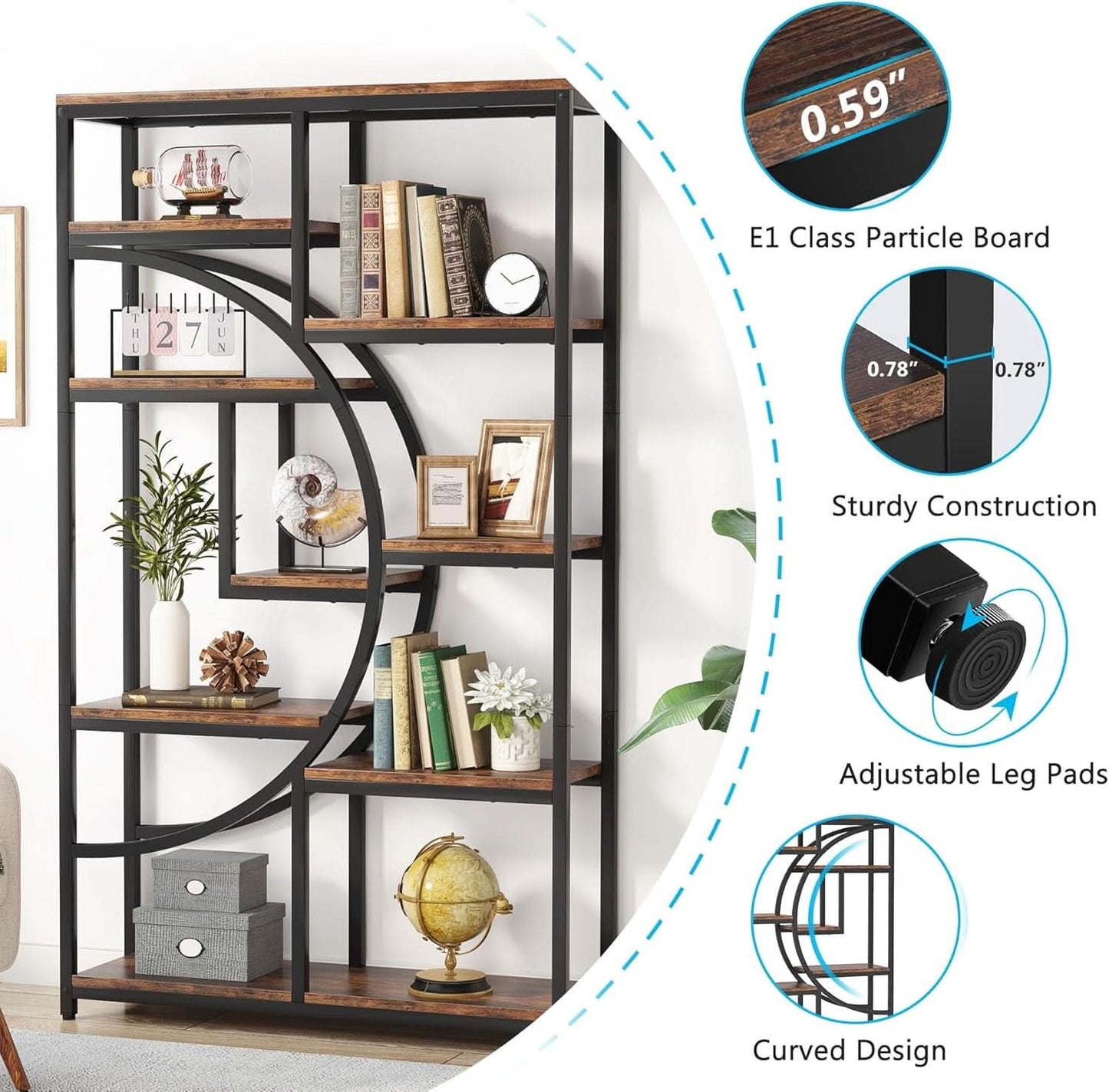 Industrial 5 Tier Etagere Bookcase Brown Rustic Finish
