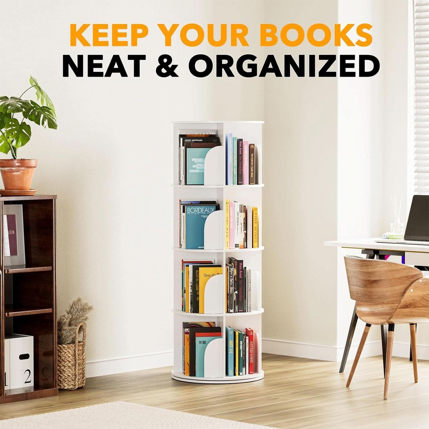 4 Tier Rotating Bookshelf Tower White Spinning Bookcase