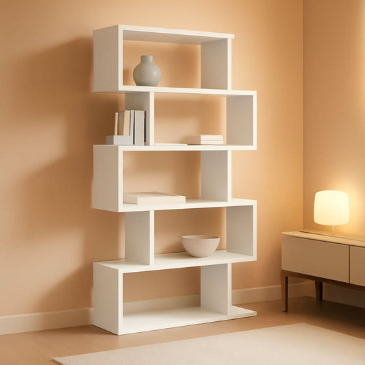 Wooden Bookcase Display Shelf Room Divider 5 Tier White