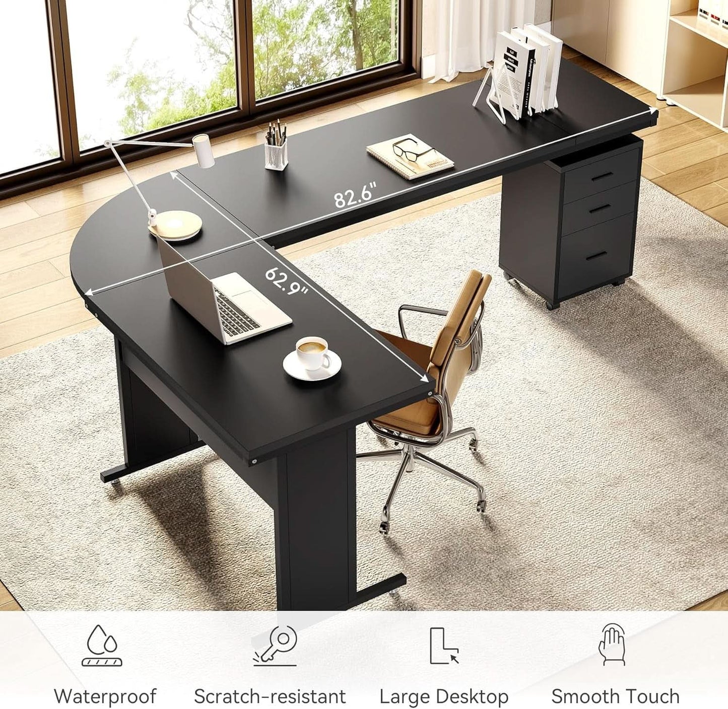 83 Inch L Shaped Desk With 3 Drawer File Cabinet Office