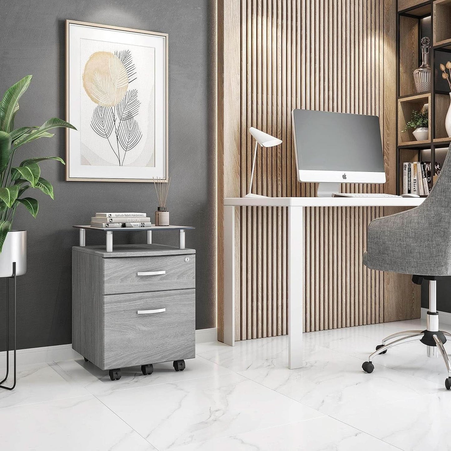 Two Drawer Rolling File Cabinet With Lock And Glass Top Under Desk Printer Stand Grey Office Furniture