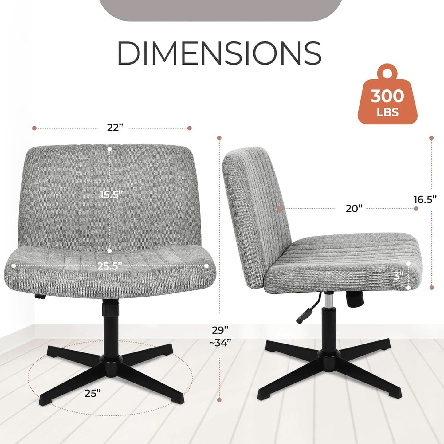 Cross Legged Office Chair Grey Wide Seat Adjustable Height