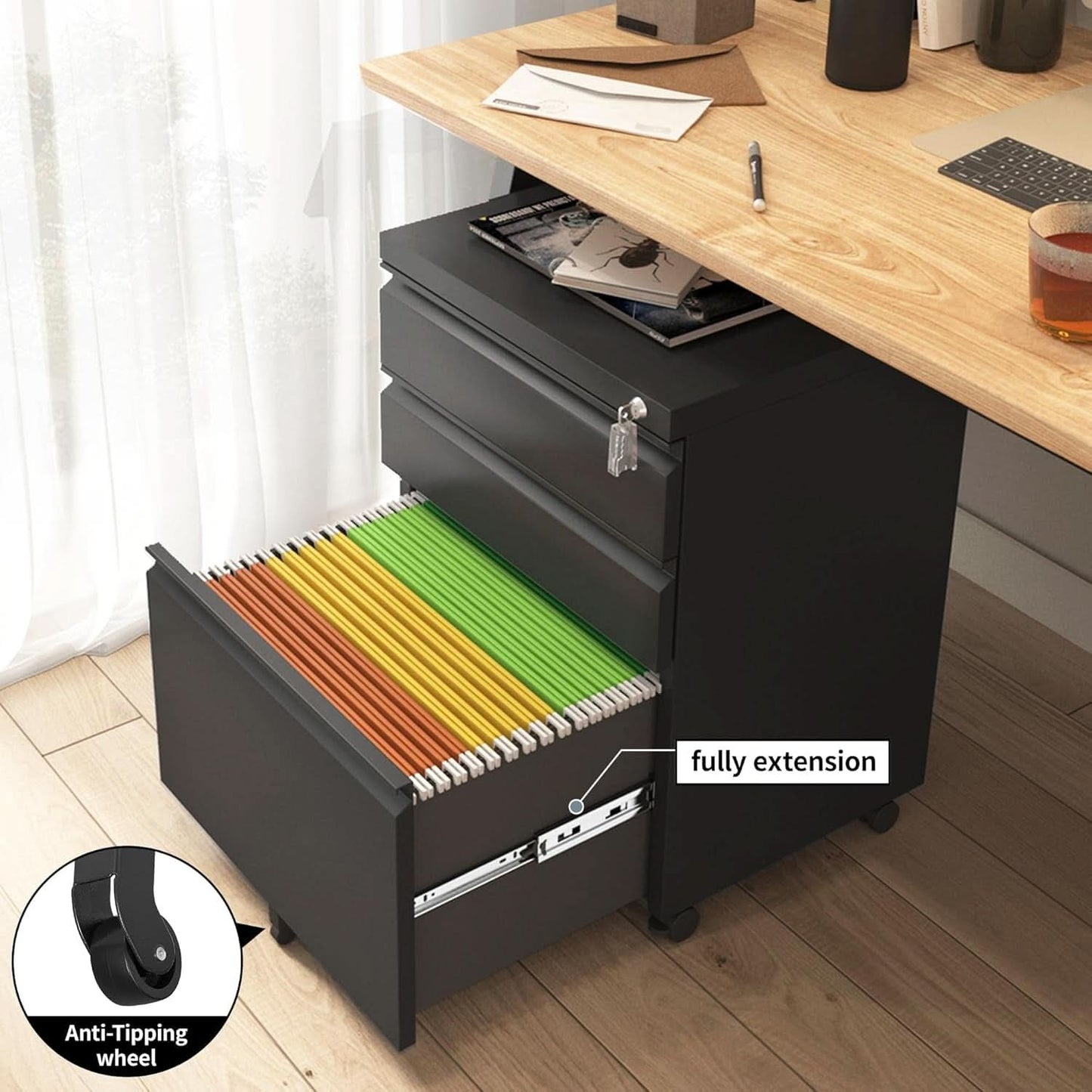 3 Drawer File Cabinet Under Desk Mobile Filing Cabinet With Lock For A4 Letter Legal Files Black