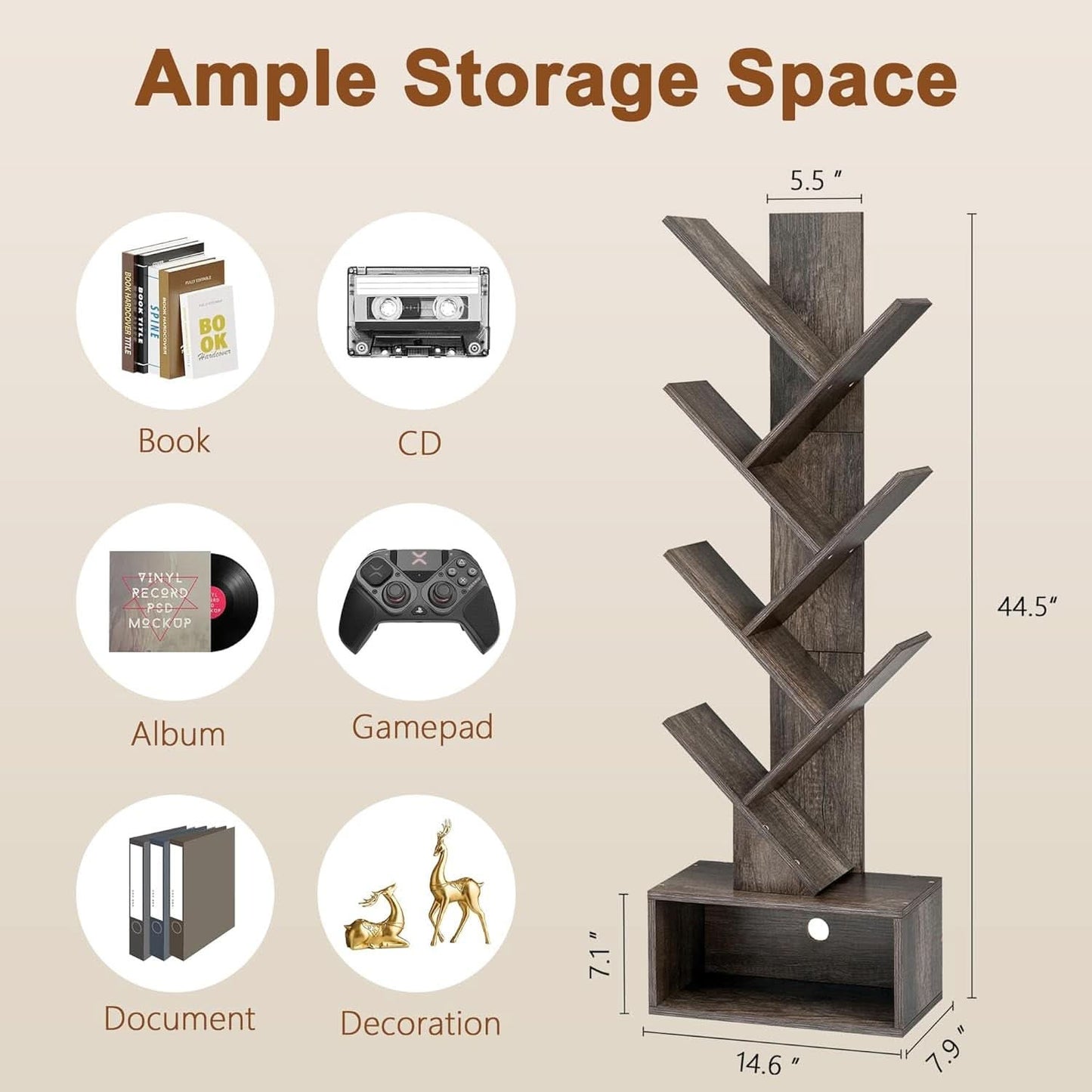 6 Tier Tree Bookshelf Bookcase With Drawer Grey Office