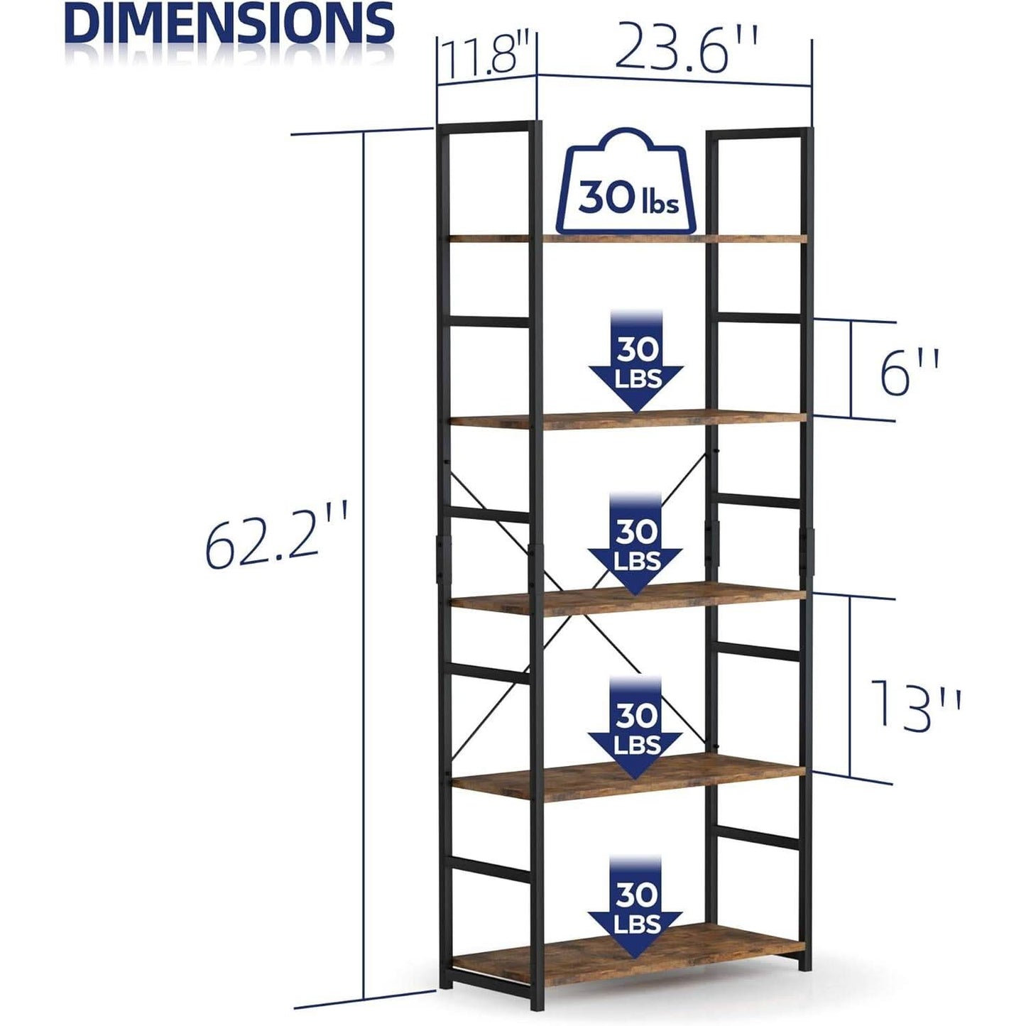 Tall 5 Shelf Vintage Bookcase With Metal Frame Storage