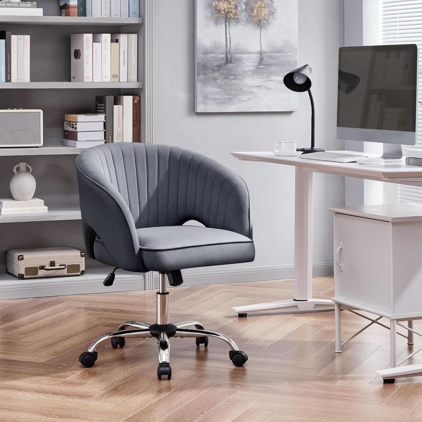 Dark Gray Velvet Swivel Office Chair Tufted Barrel Back
