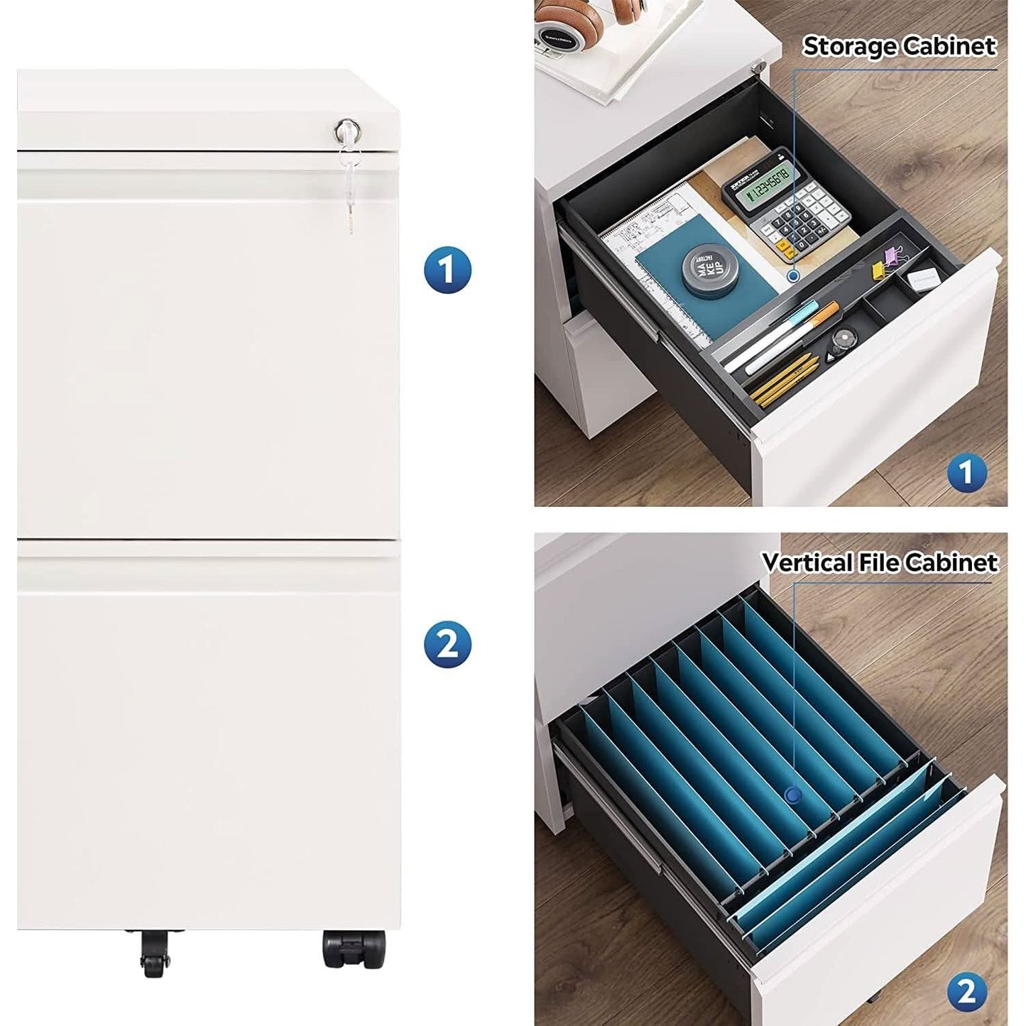 White Lockable File Cabinet With 2 Drawers Under Desk