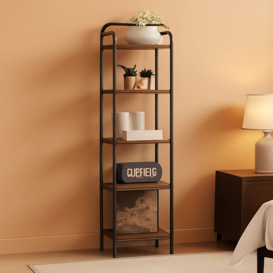 5-Tier Industrial Corner Shelf Narrow Rustic Black Bookcase