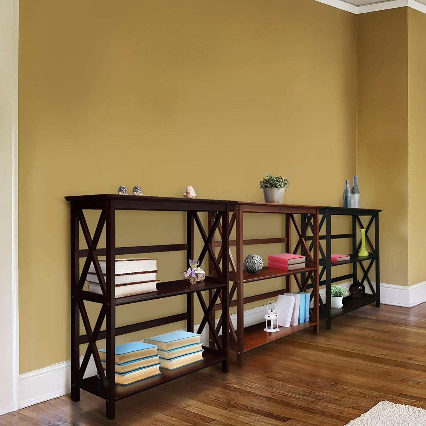 Three Shelf Solid Wood Bookcase For Living Room Storage