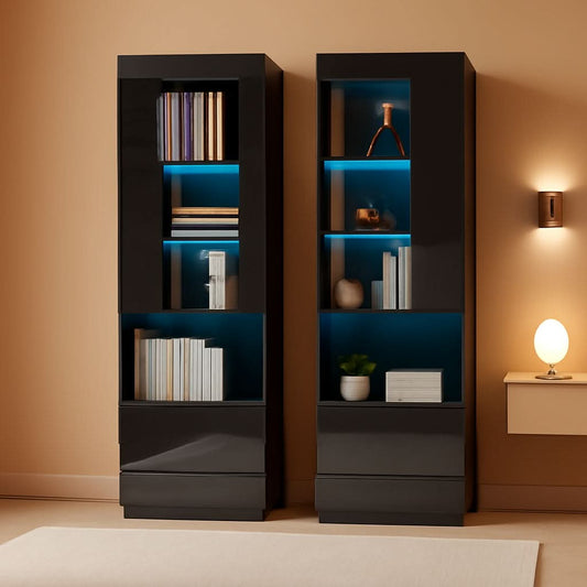 Two Piece 71 Inch Tall Bookcase Storage Cabinet With Glass Doors Set Of Two For Living Room And Office