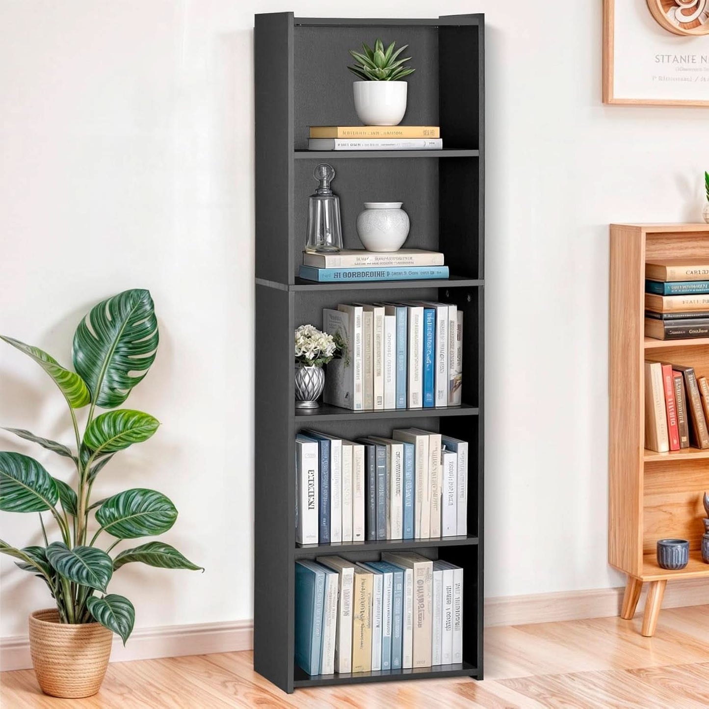 5 Tier Wood Bookcase Freestanding Black Home Office