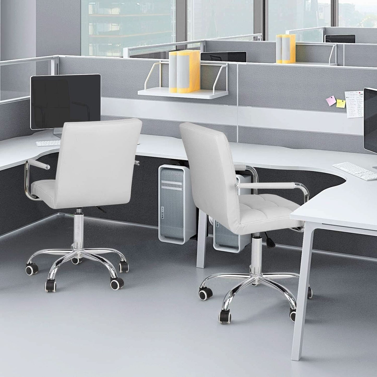 White PU Leather Desk Chair With Wheels Mid Back Office Chair