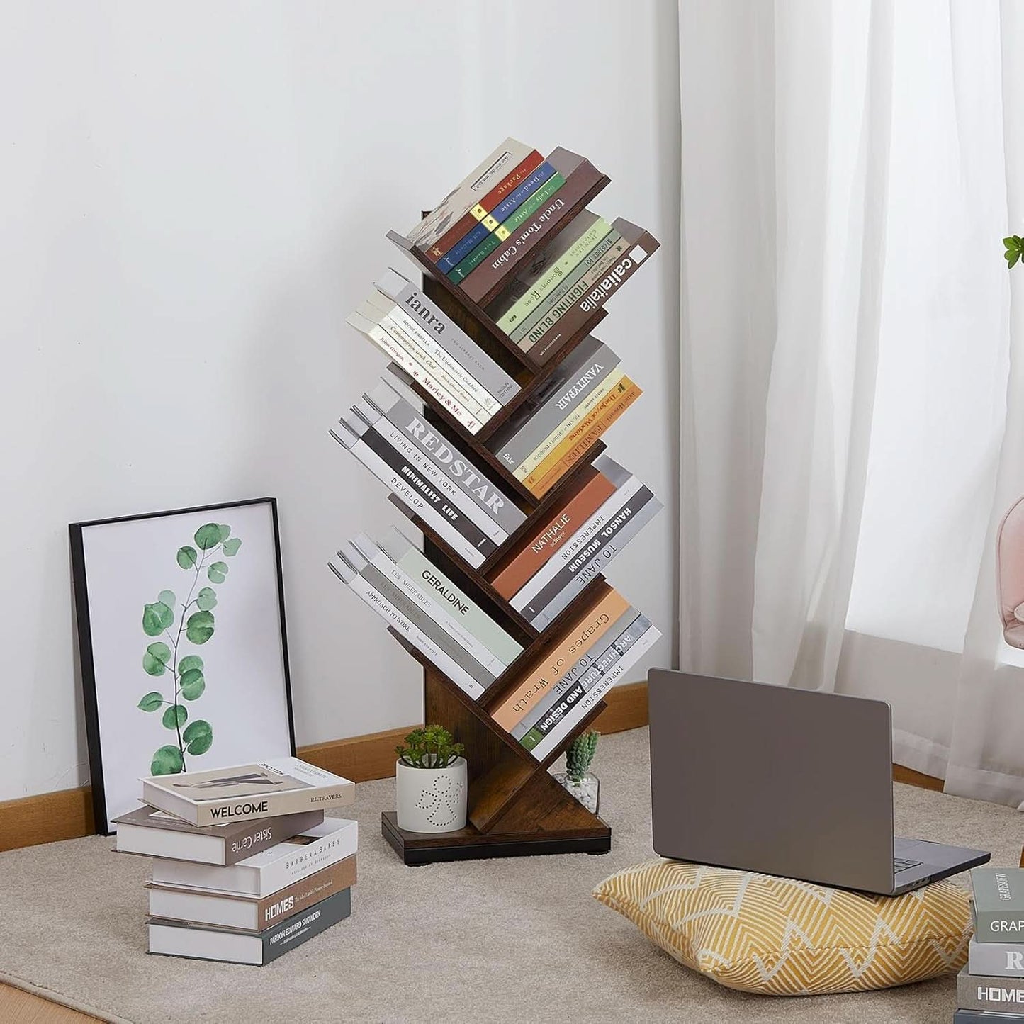 8 Tier Tree Bookshelf Floor Standing Bookcase For Books CDs Rustic Wood