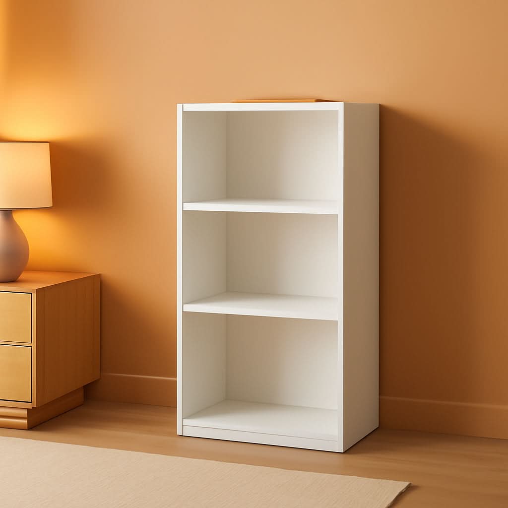 Luder Three Tier Open Shelf Bookcase Bright White Finish
