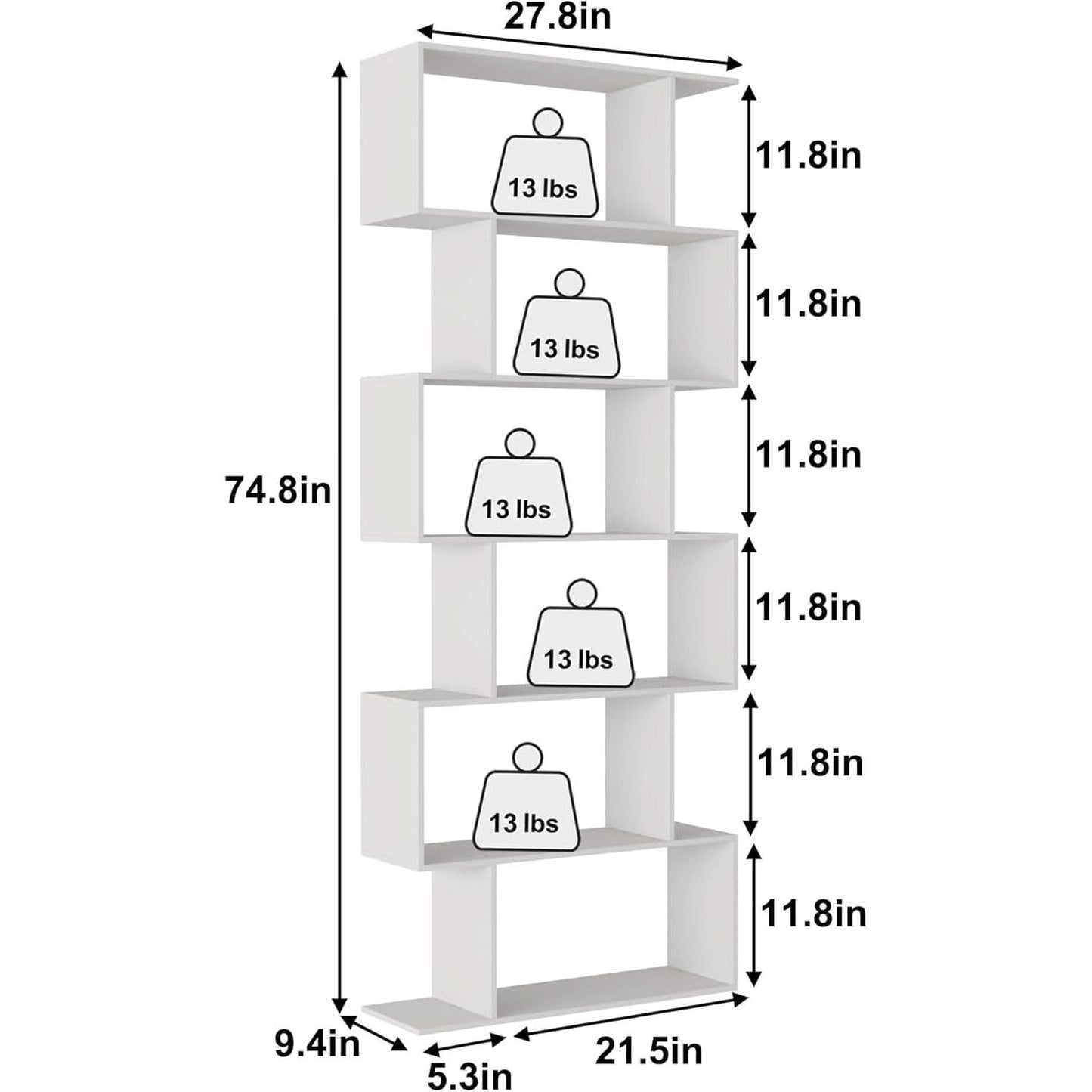 S Shaped Bookshelf White 6 Tier Display Bookcase Office