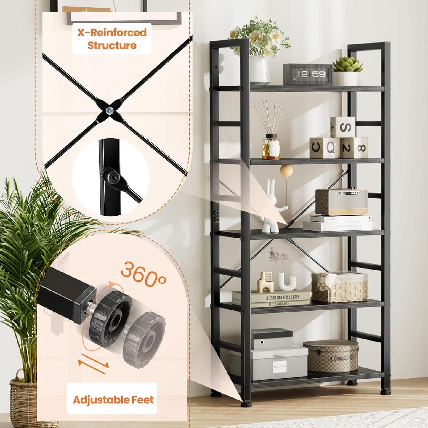 Black 5 Tier Bookcase Space Saving Tall Studio Home Office