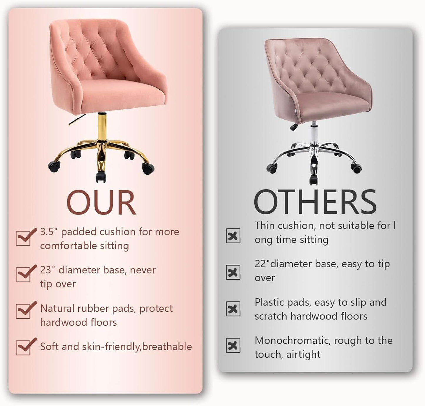 Pink Velvet Office Chair 360 Swivel Modern Desk Chair