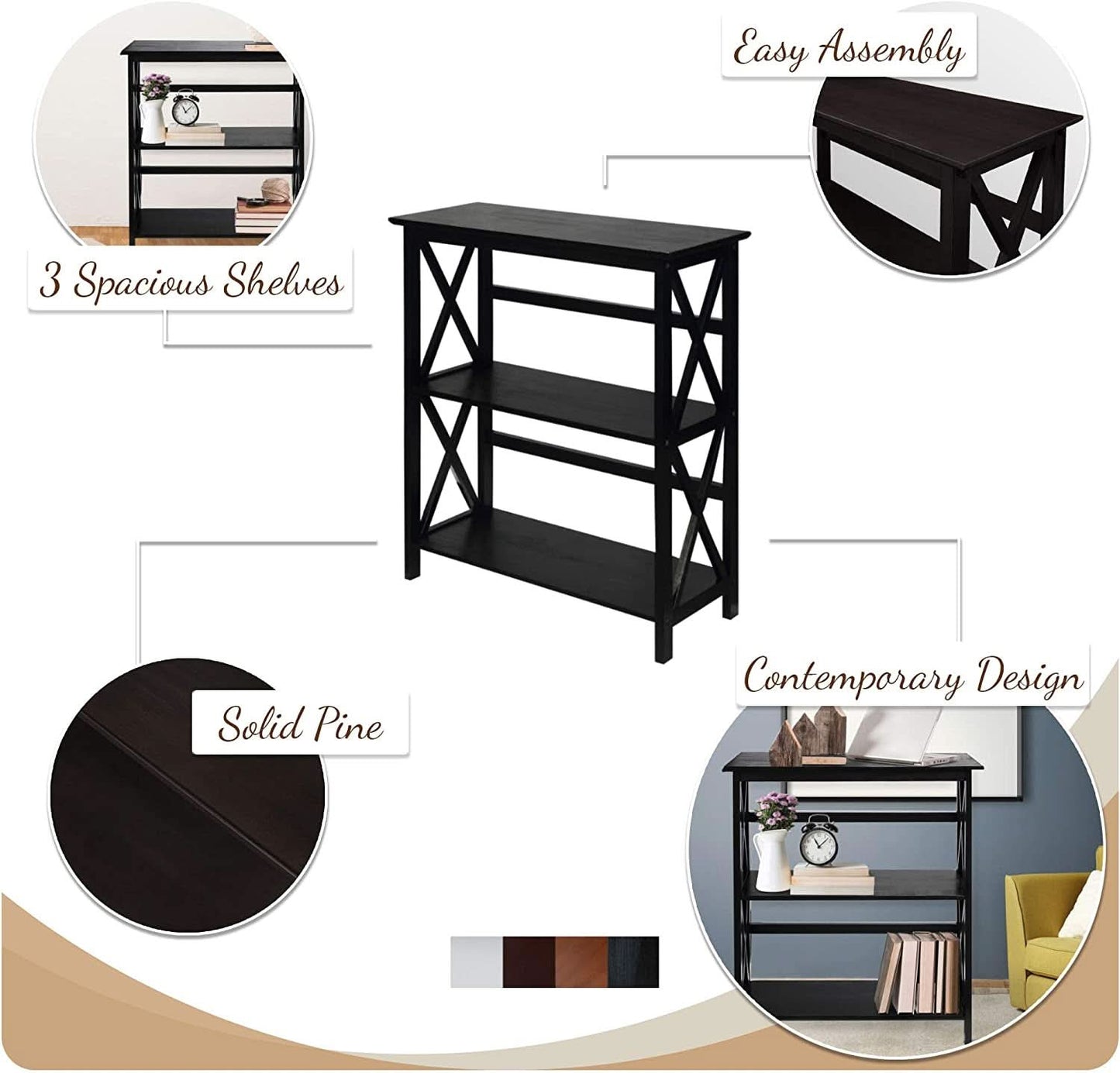 Three Shelf Solid Wood Bookcase For Living Room Storage