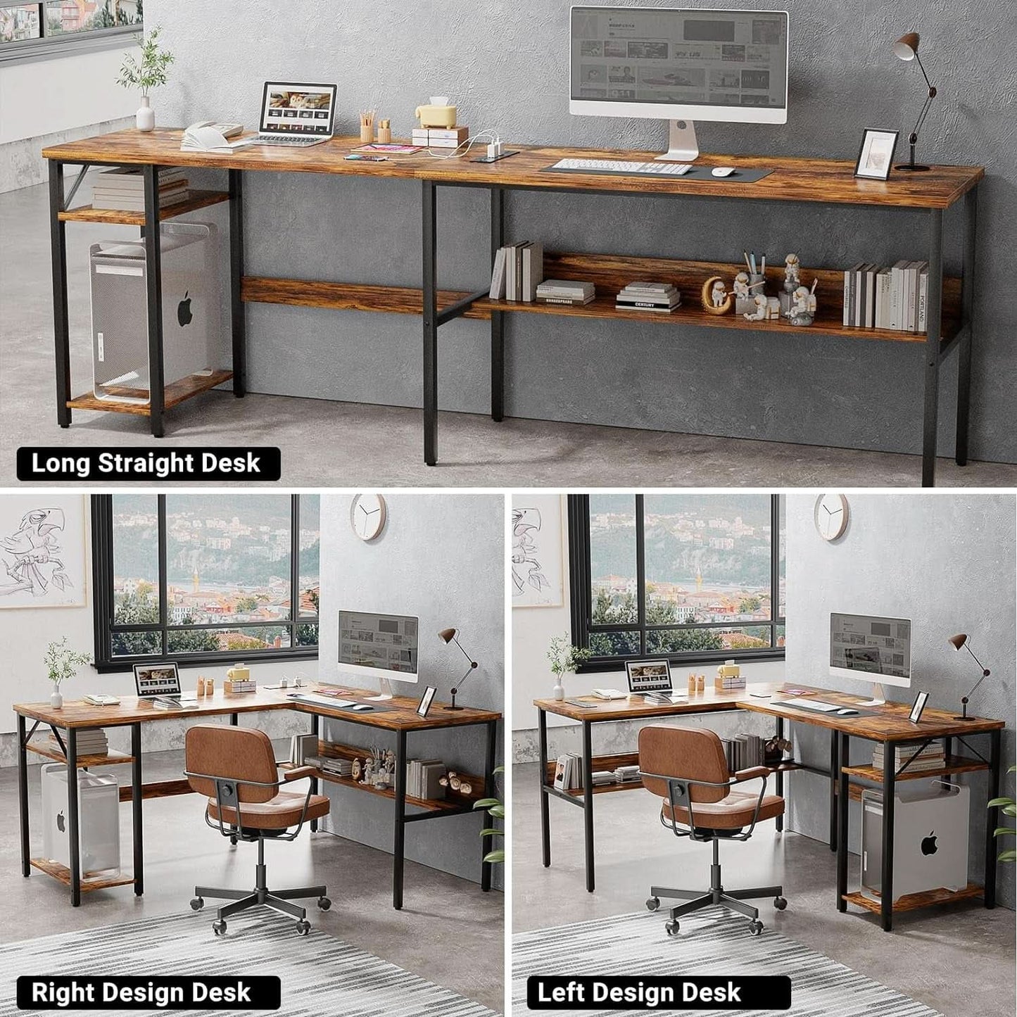 L Shaped Computer Desk With USB Ports And Power Outlets Rustic Brown