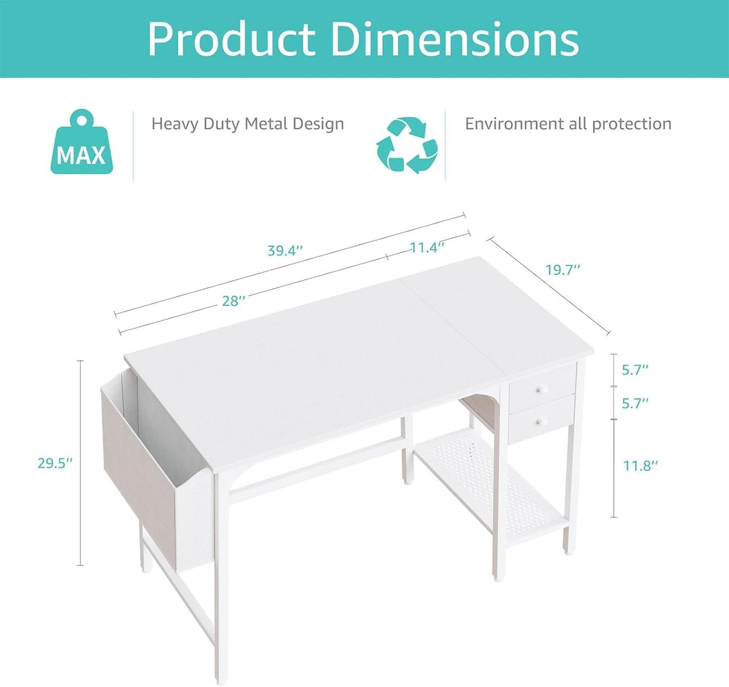 White 40 Inch Computer Desk With Drawers For Small Space Home Office